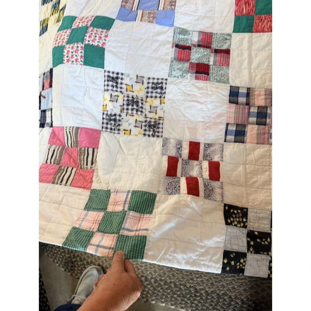 Early Antique Quilt  Nine Patch Hand Stitched 76